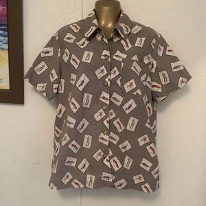 vintage Shirt Cotton Sun River Gray Feathers Print Button Down Short Sleeve Sz L